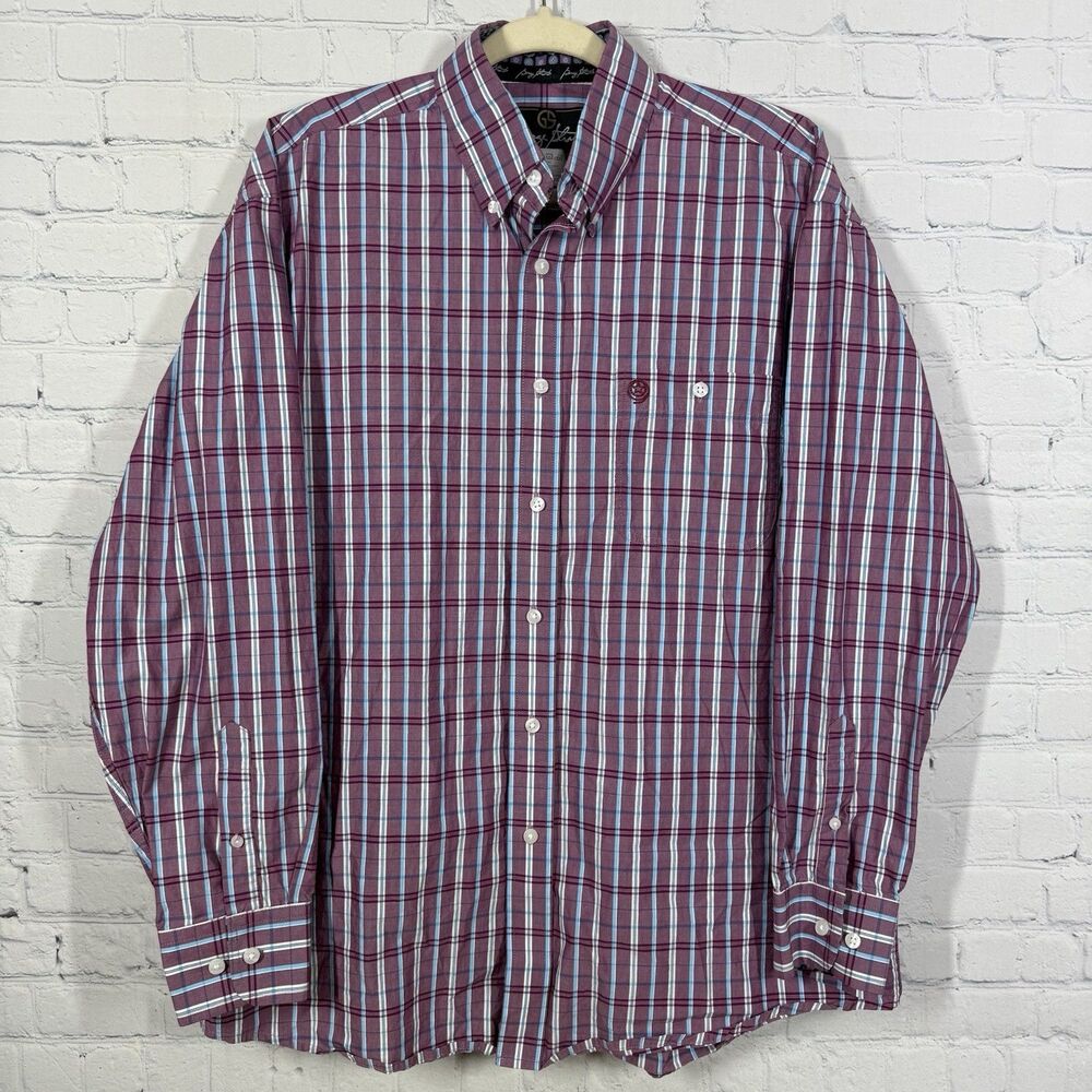 George Straight Wrangler Shirt Mens Large Plaid Western Button Up Logo Cowboy